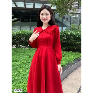 Váy Đỏ Xoè Cổ Bẻ DVC (Mã V1658)