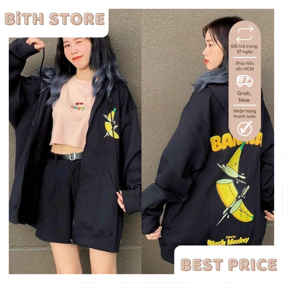 Áo Khoác Hoodie Nỉ Nữ Form Rộng In Trái Chuối,  Áo Khoác Nỉ Nữ Banana Có Mũ