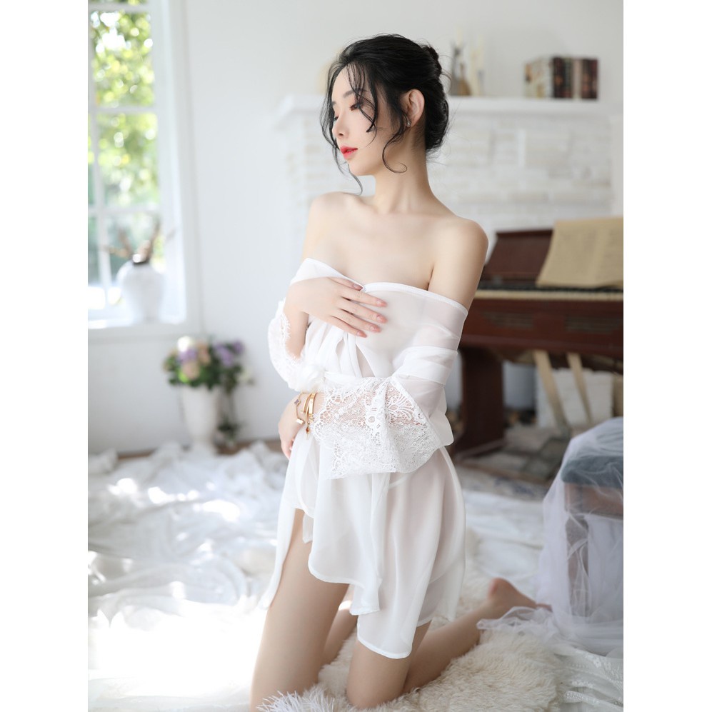 Áo choàng ngủ sexy - kimono xuyên thấu 5224 Màu Trắng tinh khôi tay dài ren hoa quyến rũ gợi cảm