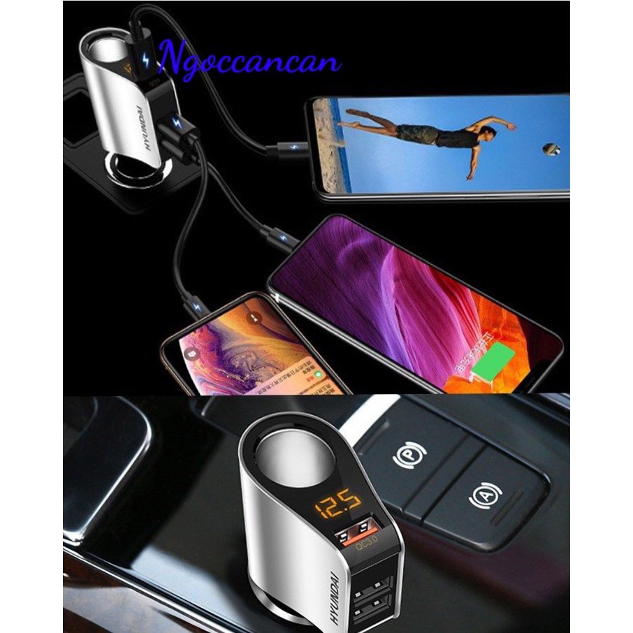 Tẩu Sạc ô tô, xe hơi Hyundai chính hãng - Có Đèn Led Báo Điện Áp Ắc Quy - Đầu ra 3 cổng USB, 1 cổng tẩu tròn