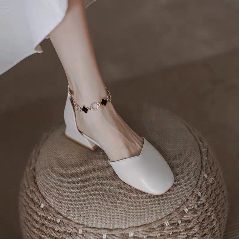 Giày cao gót tiểu thư 3,5cm màu trắng be quai xích cườm BIG SIZE 35-43