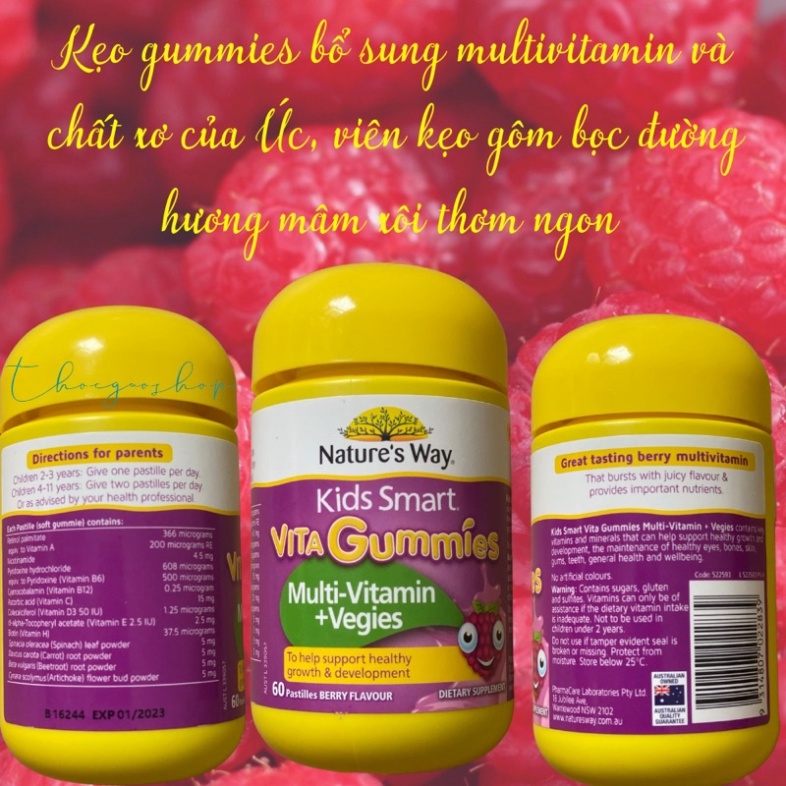 Kẹo gôm Kids smart vita gummies bổ sung multivitamin/canxi và vtm D/vtm C và zinC 60 viên Nature's way Úc