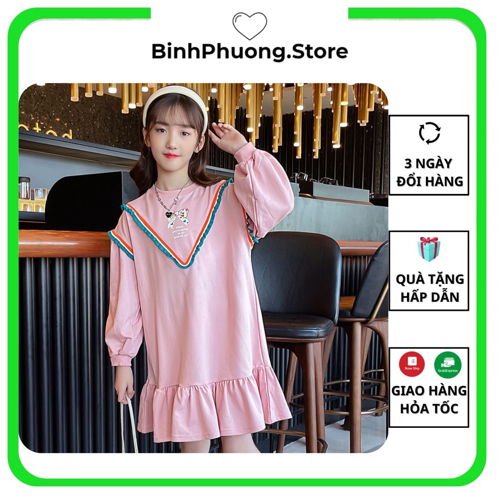 Váy Nỉ Cotton Dài Tay Thu Đông Cho Bé Gái Phong Cách Hàn Quốc 1 2 3 4 5 tuổi Binhphuong.Store