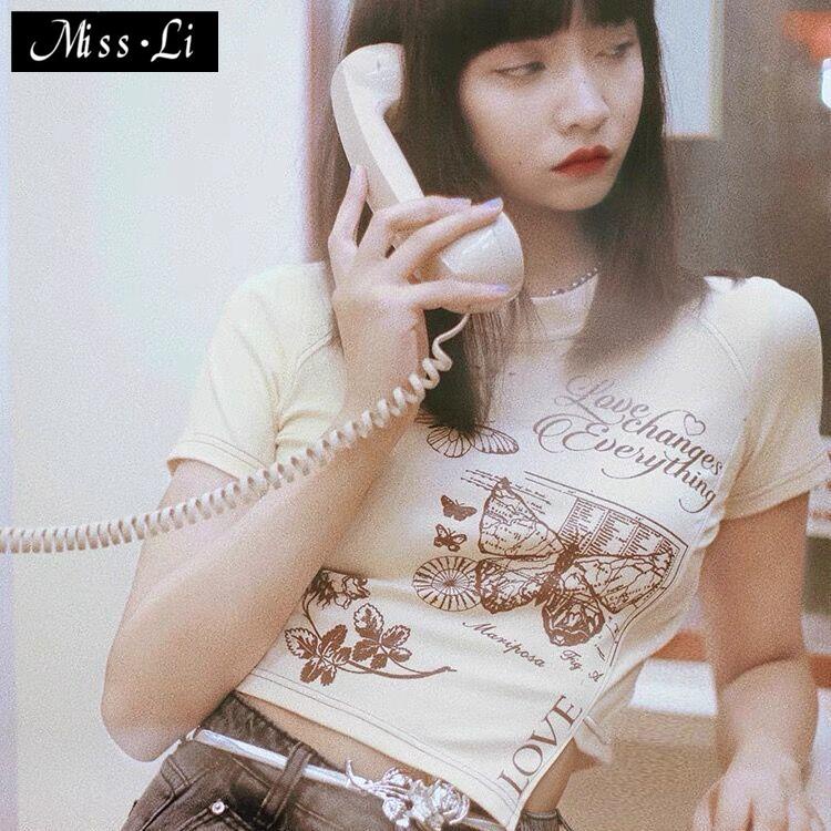 Áo Thun Ngắn Tay Lưng Cao In Họa Tiết Phong Cách Âu Mỹ Thời Trang Mùa Hè Cho Nữ