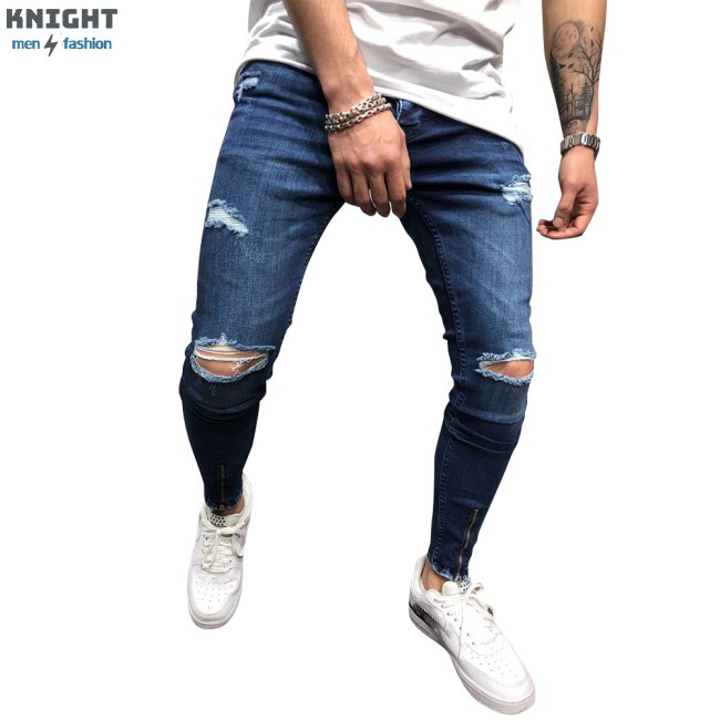 Men Jeans Denim Pencil Pants Zipper Shredded Trousers Blue Casual Dark Straight Fashion