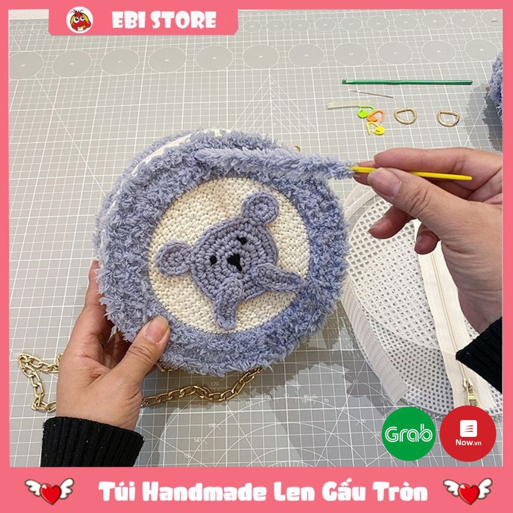 Túi Handmade Len Gấu Tròn Mẫu 1 ❤️ Ebi Store - Freeship ❤️ Set Nguyên Liệu Tự Đan (Có Clip Hướng Dẫn Làm)