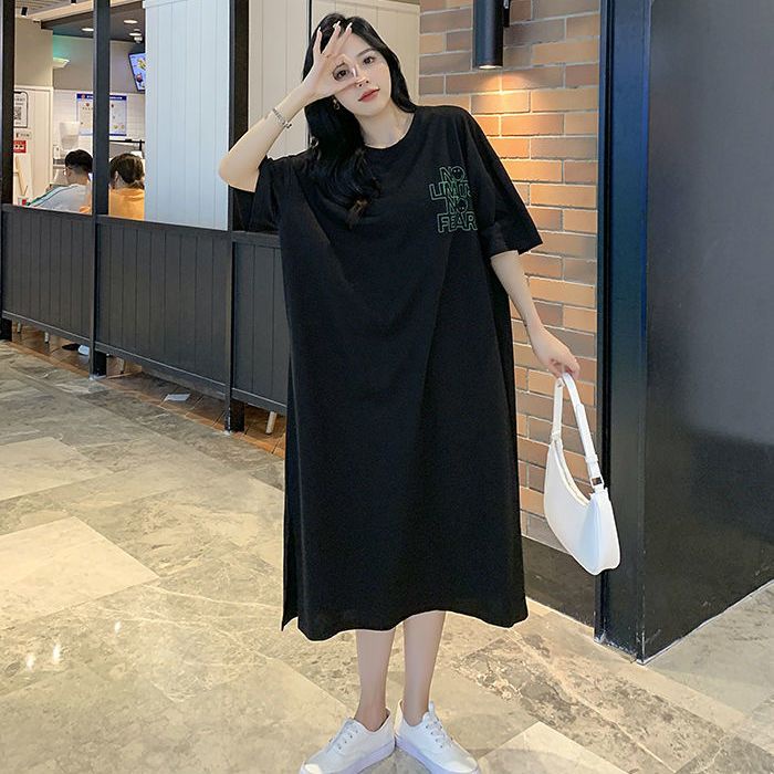 [LININ] Đầm Thun Dài Qua Gối Tay Ngắn Dáng Rộng Xẻ Tà Phong Cách Mới Cho Nữ