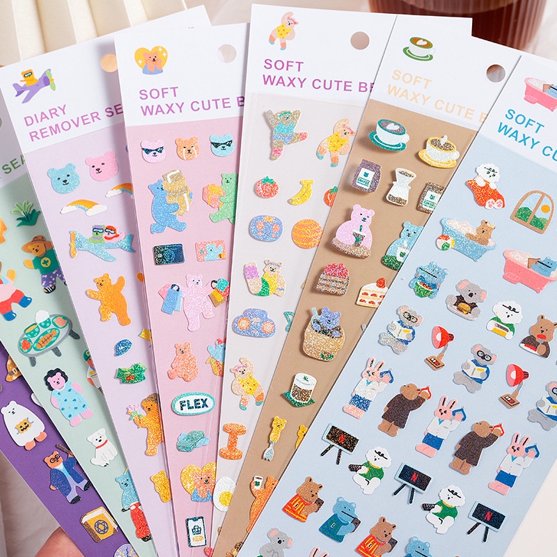 Stickers - Tờ Stickers Soft Waxy Cute Bear Mini Có Nhũ Lấp Lánh Trang Trí Polcols/ Toploader Hàn Quốc