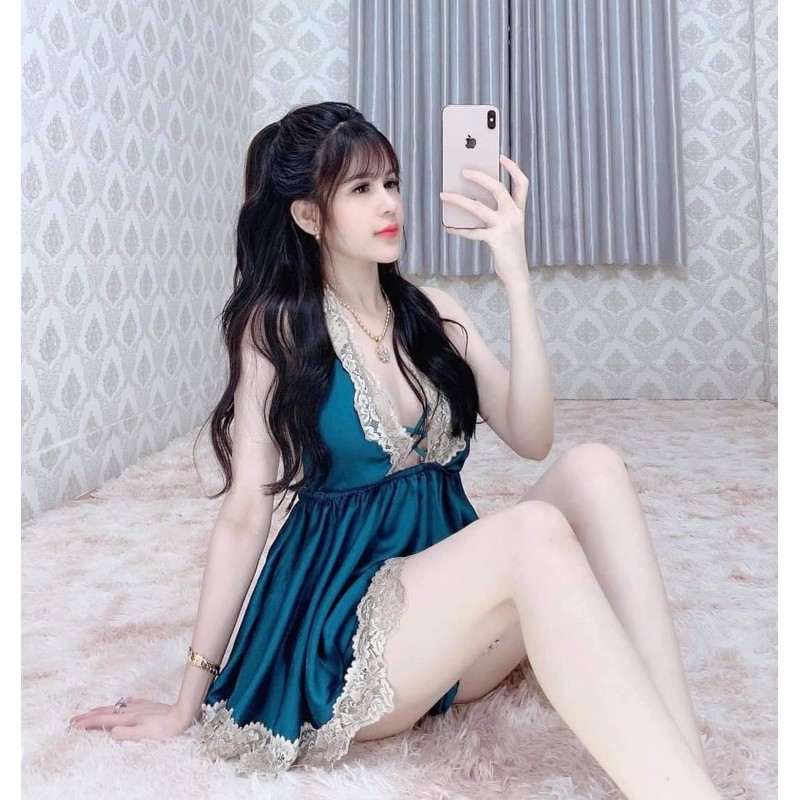 Váy ngủ sexy❣️FREE SHIP❣️ Đầm ngủ sexy yếm kèm quần vải vatin <60kg