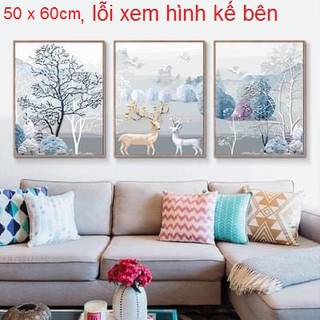Combo 3 tranh 50 x 60 cm tranh tô màu theo số, sơn dầu số hóa, tặng khăn, đã căng khung, đủ phụ kiện, có dầu bóng