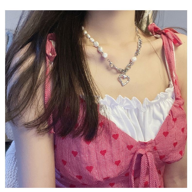 Vòng cổ Thép Không Gỉ Mặt Hình Trái Tim Đính Ngọc Trai Phong Cách Hàn Quốc