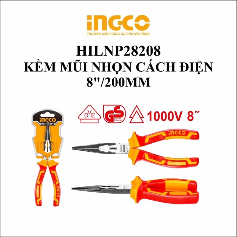 Kìm mũi nhọn 8inch cách điện 1000V INGCO HILNP28208 (240523)