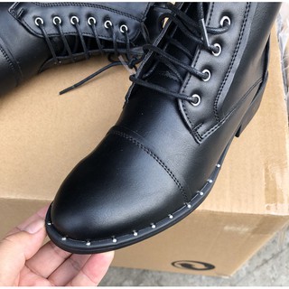 Boots đen cổ cao cột dây đế thấp phong cách, cá tính