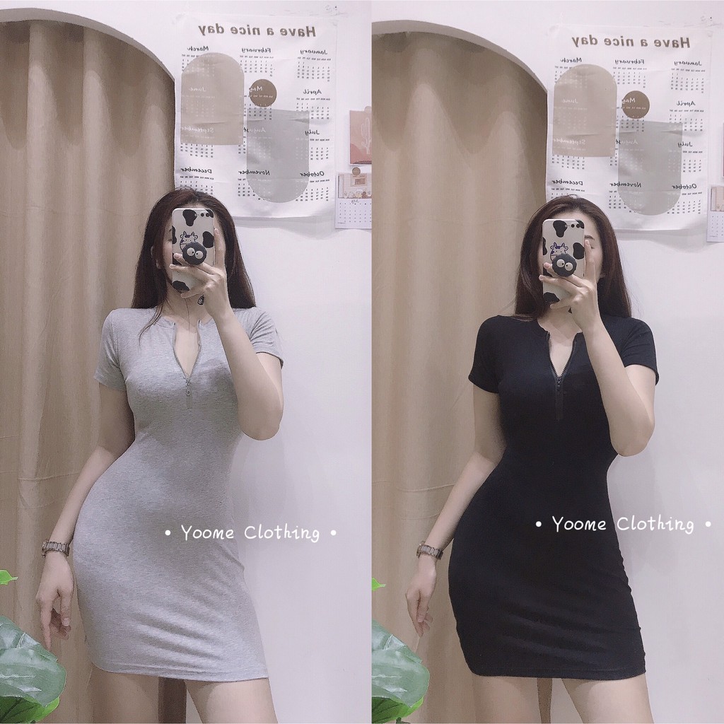 Váy đầm body cổ khóa tay ngắn tôn dáng chất thun zip co giãn [ ảnh thật tại shop ] | BigBuy360 - bigbuy360.vn