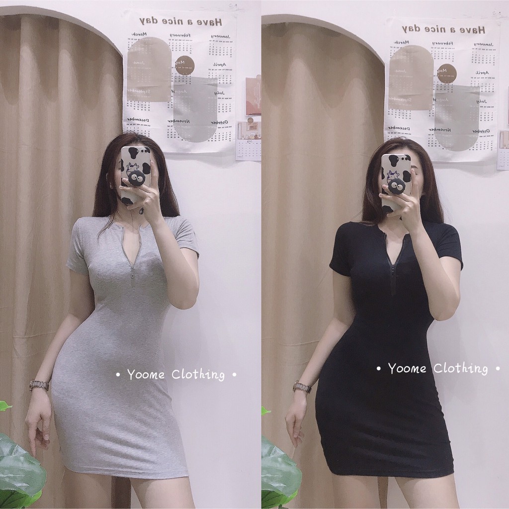 Váy đầm body cổ khóa tay ngắn tôn dáng chất thun zip co giãn [ ảnh thật tại shop ]