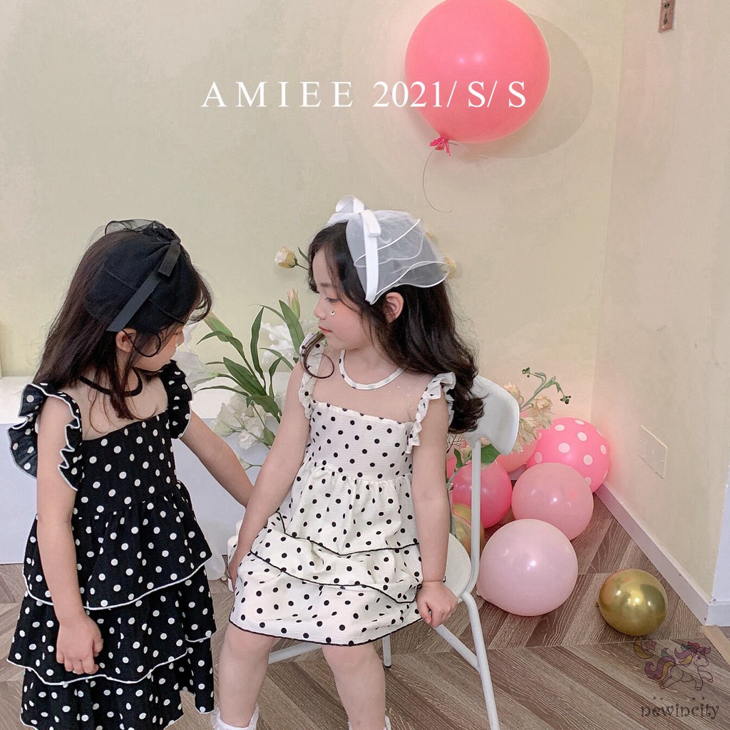 Đầm Công Chúa Không Tay Họa Tiết Chấm Bi Phối Bèo Phong Cách Hàn Quốc Cho Bé Gái