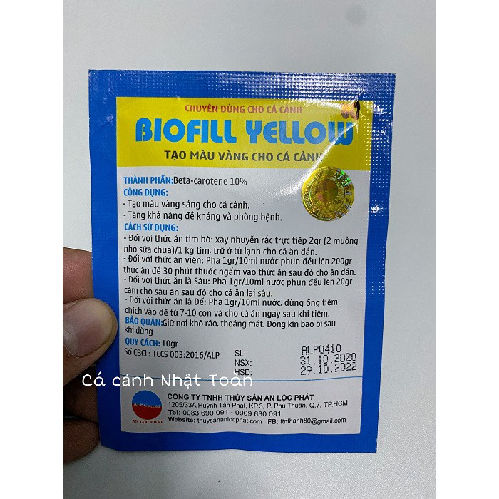 CHẤT TẠO MÀU VÀNG CHO CÁ CẢNH BIOFILL YELLOW GÓI 10G