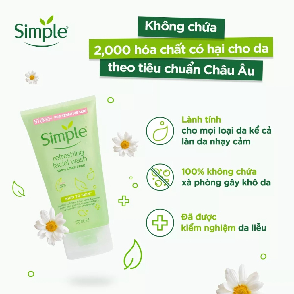 Sữa rửa mặt Simple giúp da sạch thoáng & không chứa xà phòng 150ml