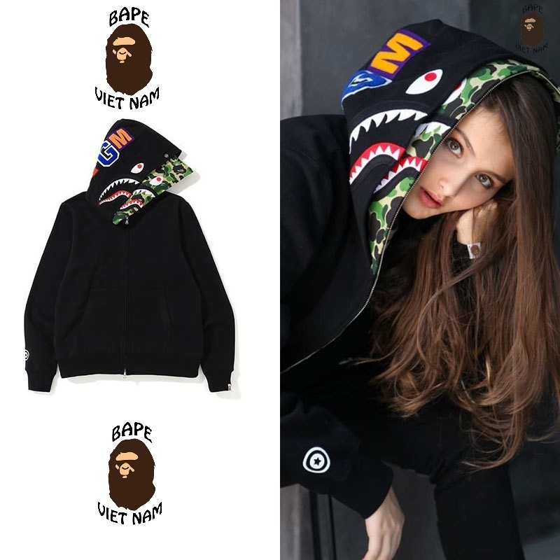 [ODER] Áo Hoodie Jacket Bape Shark fullzip Black 2 mũ Phối 3 màu Camo Green, Blue, Pink SS2021 BapeVN