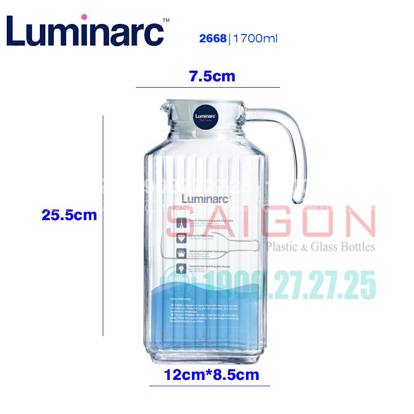 Bình Nước Thủy Tinh Luminarc Quadro 1700ml | Luminarc G2668 , Thủy Tinh Cao Cấp