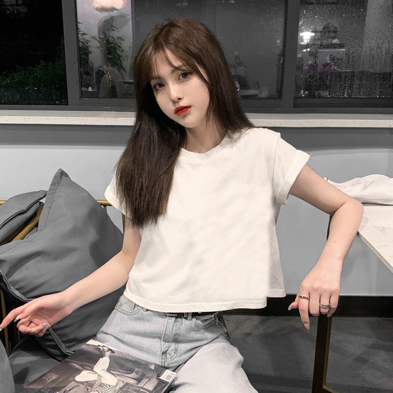 Áo Thun Croptop Cotton Nguyên Chất Tay Ngắn Dáng Rộng Thời Trang Hàn Quốc 2020 Cho Nữ