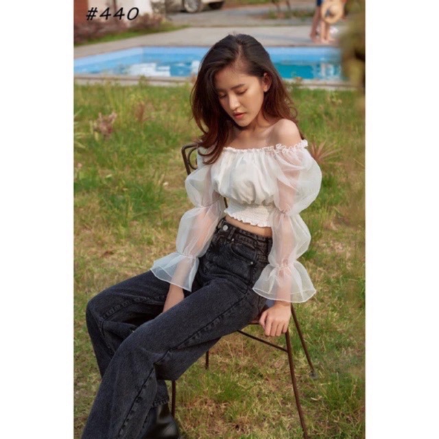 Áo voan trễ vai tay lưới croptop, áo tay lưới trễ vai chipu - Z6U