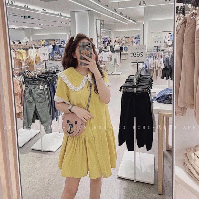 [Mặc Là Xinh] Váy Đũi Vàng Dáng Babydoll Cổ Bèo, Đầm Dáng Xoè Siêu Xinh Có Ảnh Thật Kèm Video