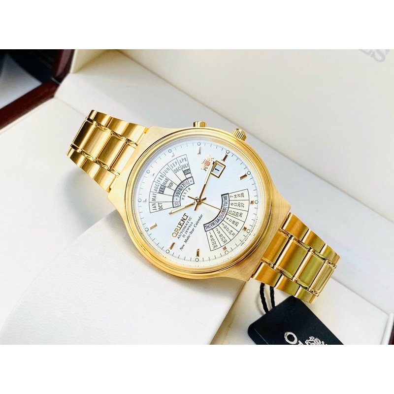Đồng hồ nam dây thép lịch vạn niên Orient FEU00008CW Gold