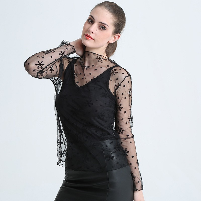 Áo lưới xuyên thấu tay dài cổ cao thời trang cho nữ | BigBuy360 - bigbuy360.vn