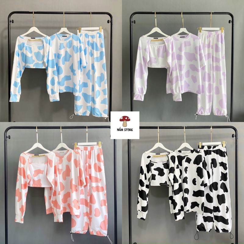 Set đồ đôi bò sữa couple nam nữ - Set áo croptop bò sữa tay dài cánh tay + Quần jogger bò sữa loang dài ống rộng dây rút