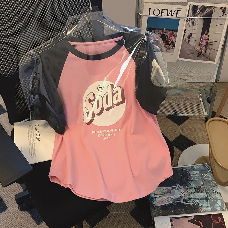 Áo Thun In Chữ Cổ Tròn Màu Sắc Tương Phản Thời Trang Mùa Hè Cho Nữ