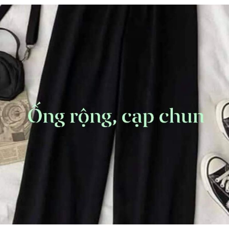 Quần Dài Ống Rộng Cạp Chun Đen Chất Cát Sạn Siêu Hot