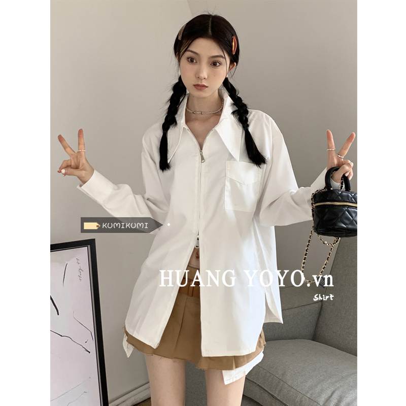 Kumikumi Áo Sơ Mi Tay Dài Có Khóa Kéo Đôi Dáng Rộng Màu Trơn Thời Trang Hàn Quốc Cổ Điển Dành Cho Bạn Nữ
