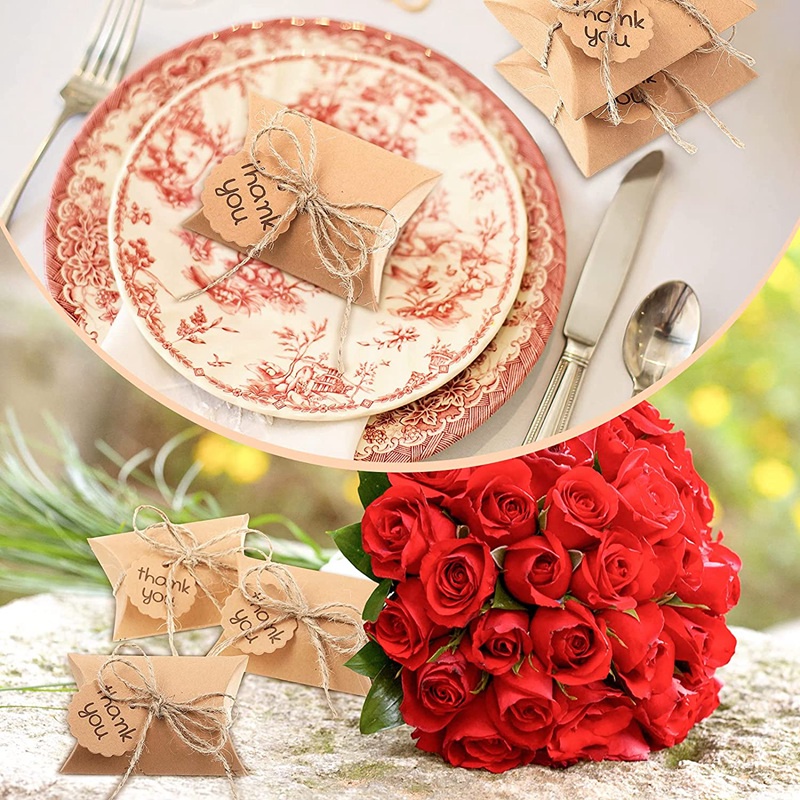 150 Pieces Kraft Paper Pillow Box Kit Candy Box Wedding Favor Box with Thank You Tag and Twines for Wedding Baby Shower