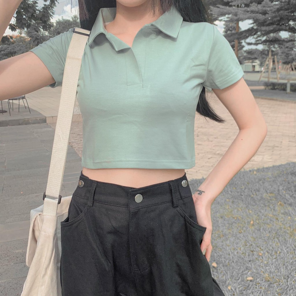 Áo Croptop Cổ Trụ POLO NỮ Tay Ngắn Dáng Ôm Nhẹ Ulzzang 1hit_unisex(4 Màu)