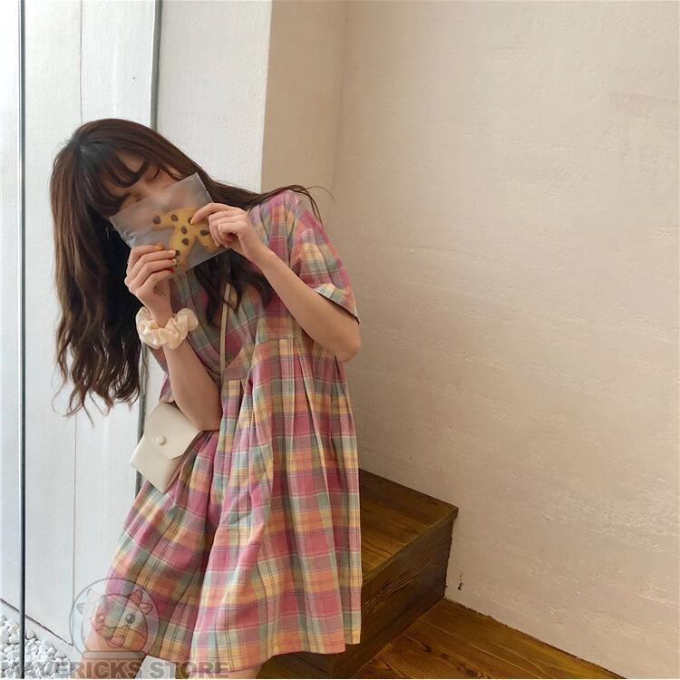 Đầm Sơ Mi Tay Ngắn Họa Tiết Sọc Caro Phong Cách Vintage