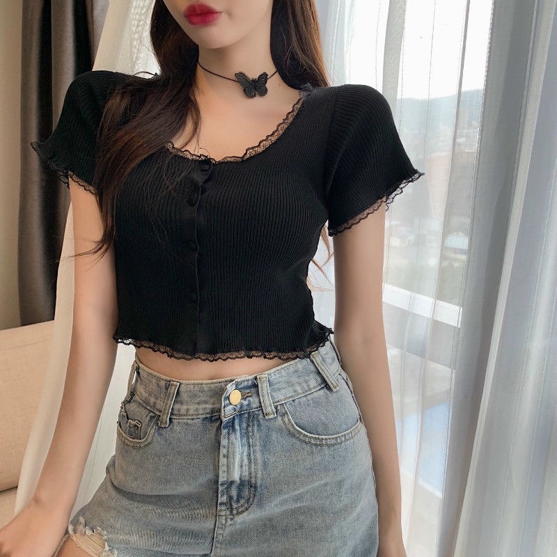 áo thun nữ croptop tay ngắn cổ tròn bánh bèo cực xinh