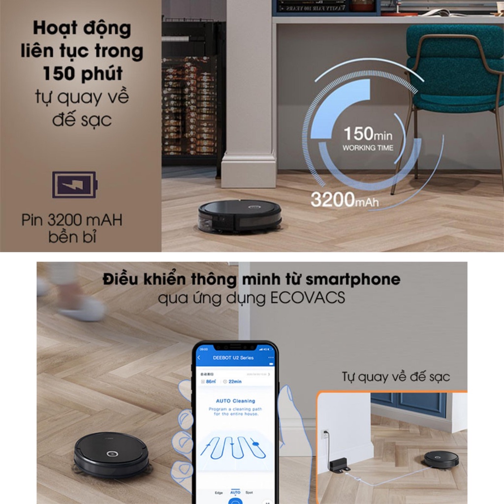 Robot hút bụi lau nhà thông minh Ecovacs Deebot OZMO U2 PRO - Hàng chính hãng