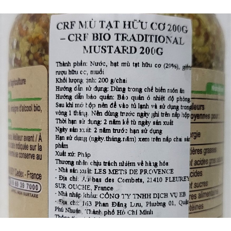 [Lọ 200g – HẠT] [Organic] MÙ TẠT NGUYÊN HẠT HỮU CƠ [France] CARREFOUR BIO Wholegrain Mustard (atp)