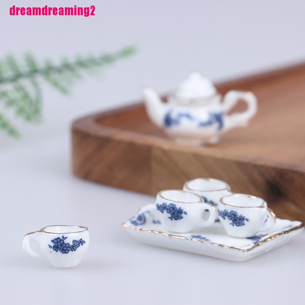 Ấm Trà Họa Tiết Hoa Xanh Dương Dùng Trang Trí Búp Bê