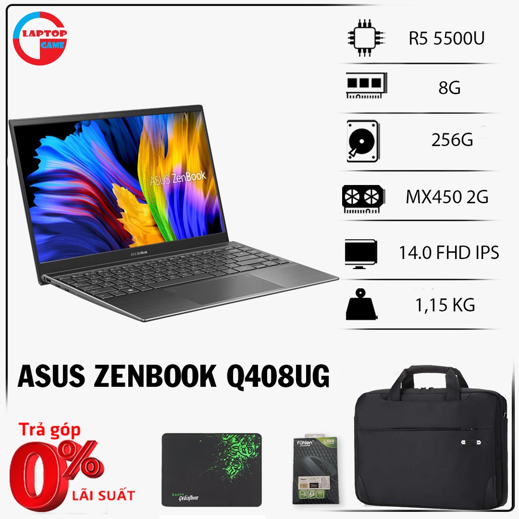 [Mới 100%] Laptop Asus Zenbook 14 Q408UG Ryzen 5-5500U, 8GB, 256GB, MX450,...