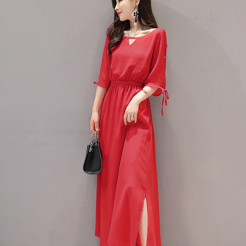 IELGY Đầm Chiffon Dáng Rộng Tay Ngắn Màu Trơn Xẻ Tà Thời Trang Cho Nữ