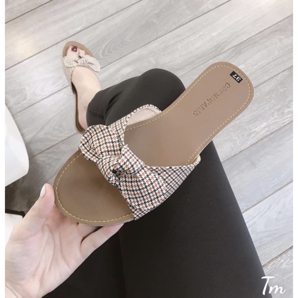 Dép quai ngang nữ thời trang đính nơ bánh bèo - Dép bệt nơ kẻ caro hot hit siêu yêu cute