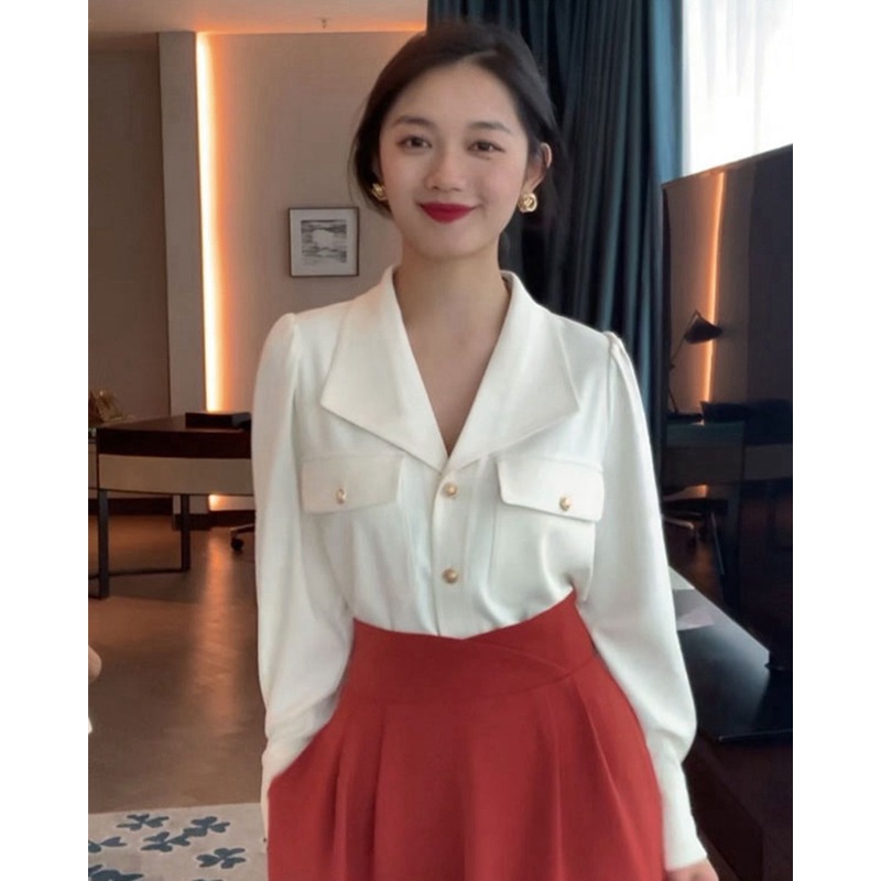 Áo sơ mi ZHELIHANGFEI tay dài cổ chữ V dáng rộng phong cách Pháp thời trang