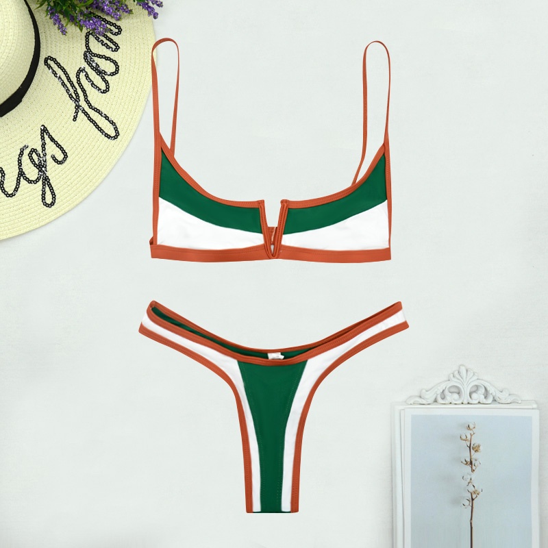 Bộ bikini Hai Mảnh Cổ Chữ V Màu Xanh Lá Phong Cách Brazil Mẫu Mới Quyến Rũ Dành Cho Nữ