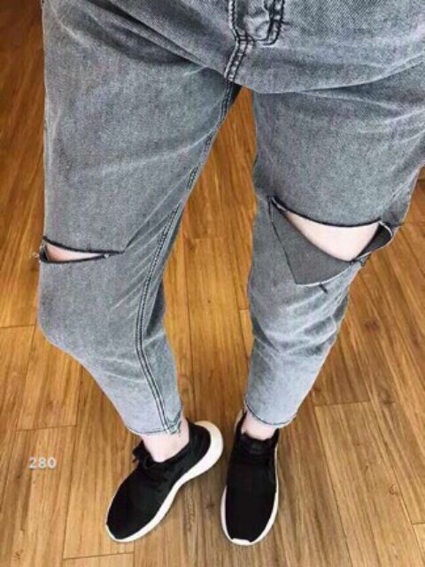 Quần slim baggy jeans xám rách xẻ đùi ulzzang kèm ảnh thật