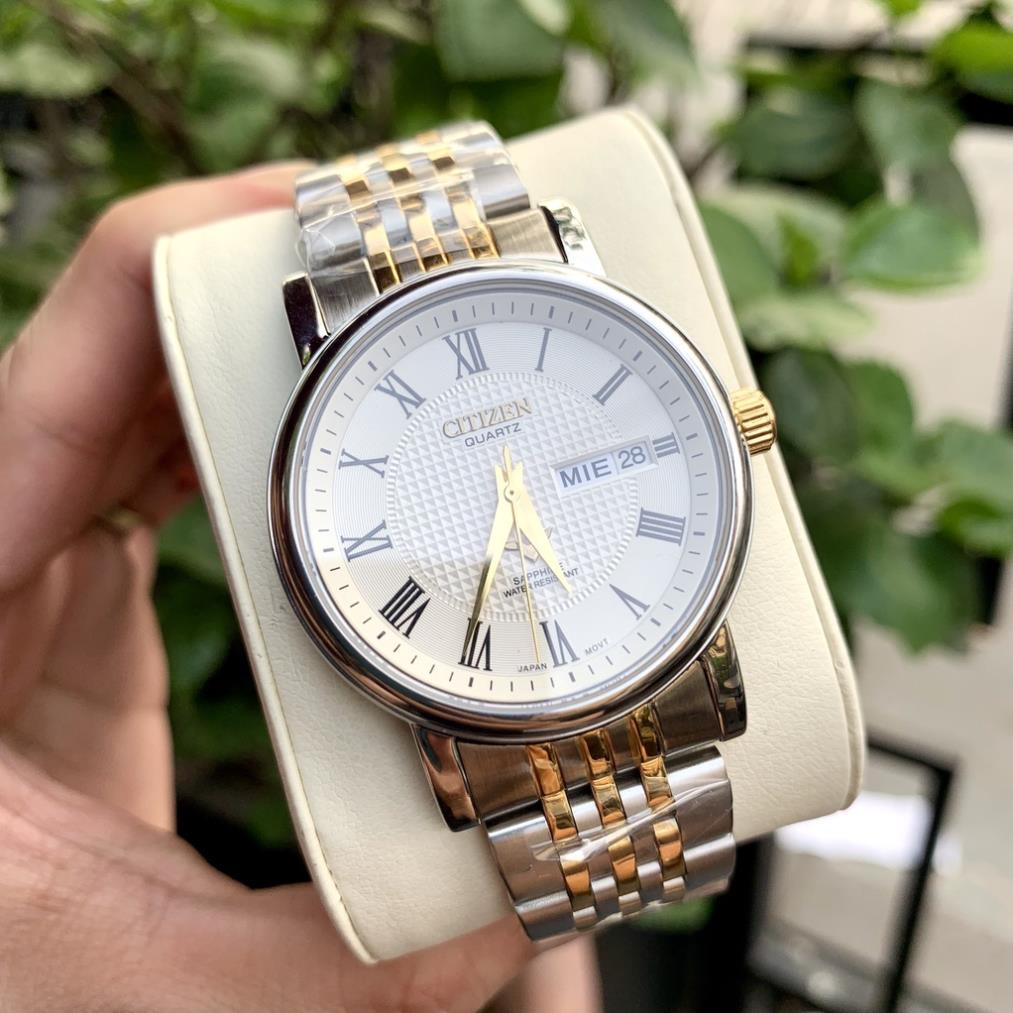 Đồng Hồ Nam Citizen Sapphire CZ025 Mặt Trắng La Mã Chạy 2 lịch Chống Xước TUYỆT ĐỐI
