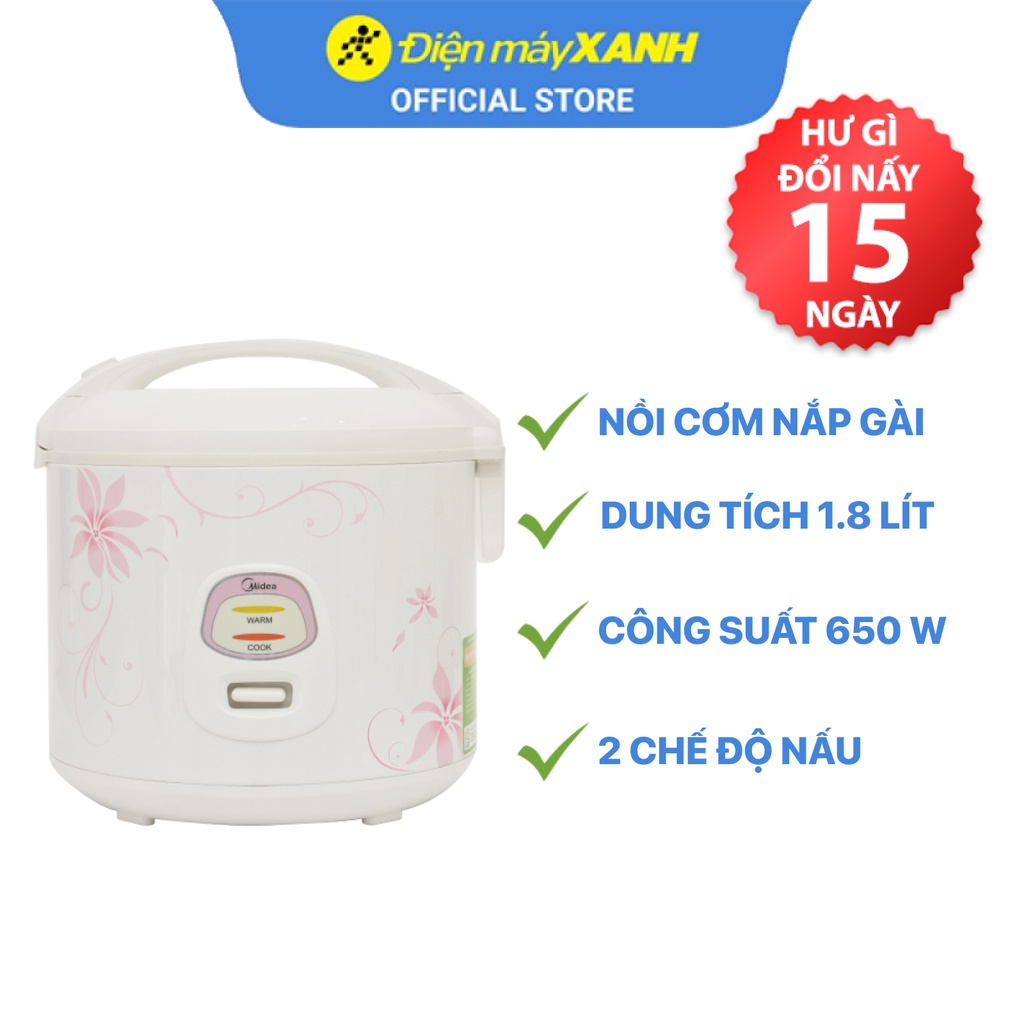 Nồi cơm điện nắp gài Midea MR-CM18SQ 1.8 lít  700 W lòng nồi chống dính - Chính hãng BH 12 tháng - Sản xuất tại Việt Nam