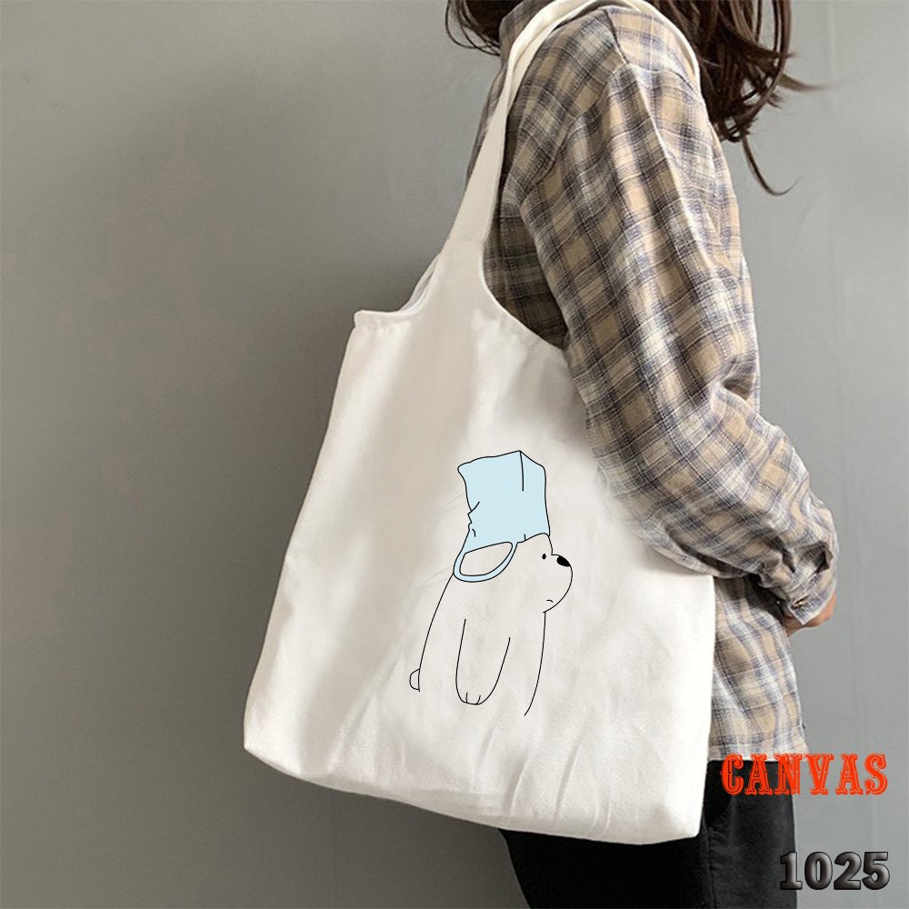 TÚI TOTE TRẮNG CHẤT VẢI CANVAS 512 1025 BEAR NGÁO NGƠ DỄ THƯƠNG HÀNG CHUẨN ĐẸP