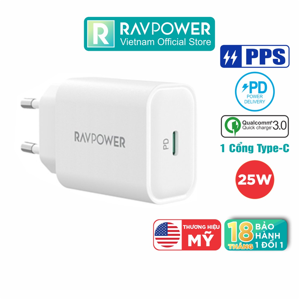 Adapter Củ Sạc Nhanh Samsung, iPhone, iPad Đến 25W Type C PD 3.0 & QC 3.0 RAVPower RP-PC156 - Hàng Chính Hãng